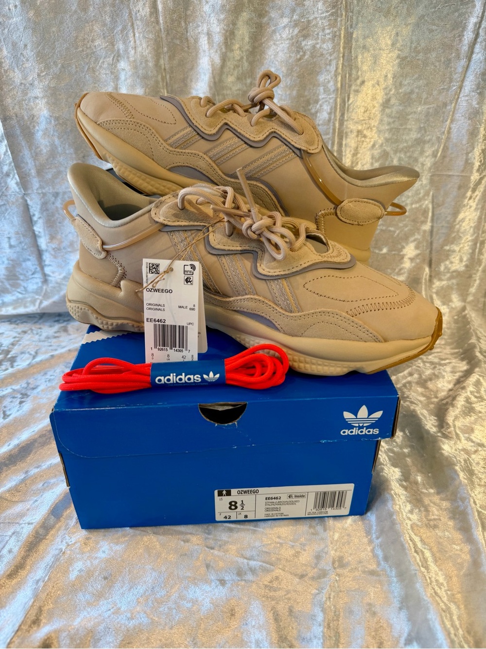 adidas OZWEEGO Beige/Tan Sneakers with Bright Red Laces